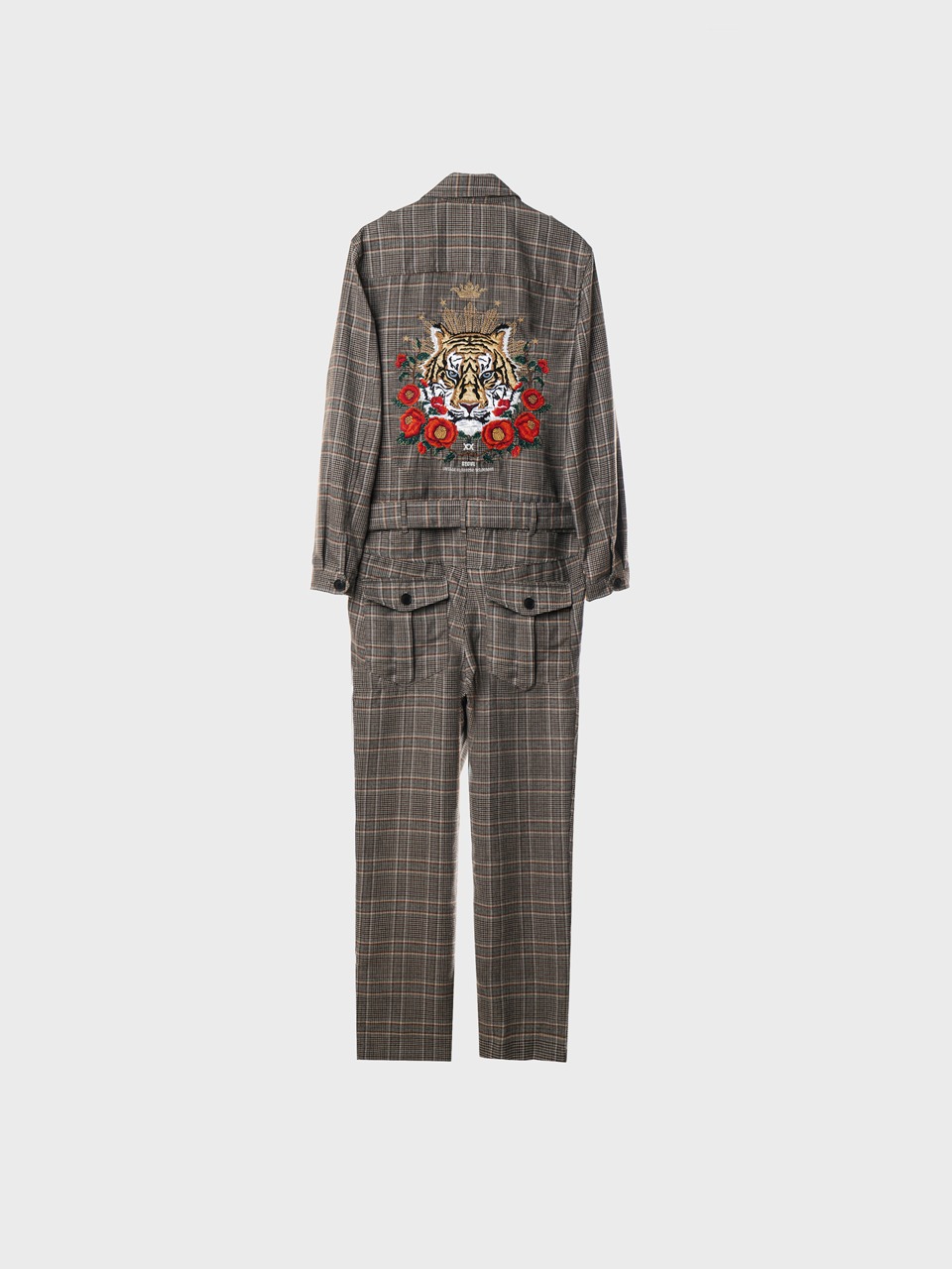 Tiger-Embroidered Wales Check Jumpsuit