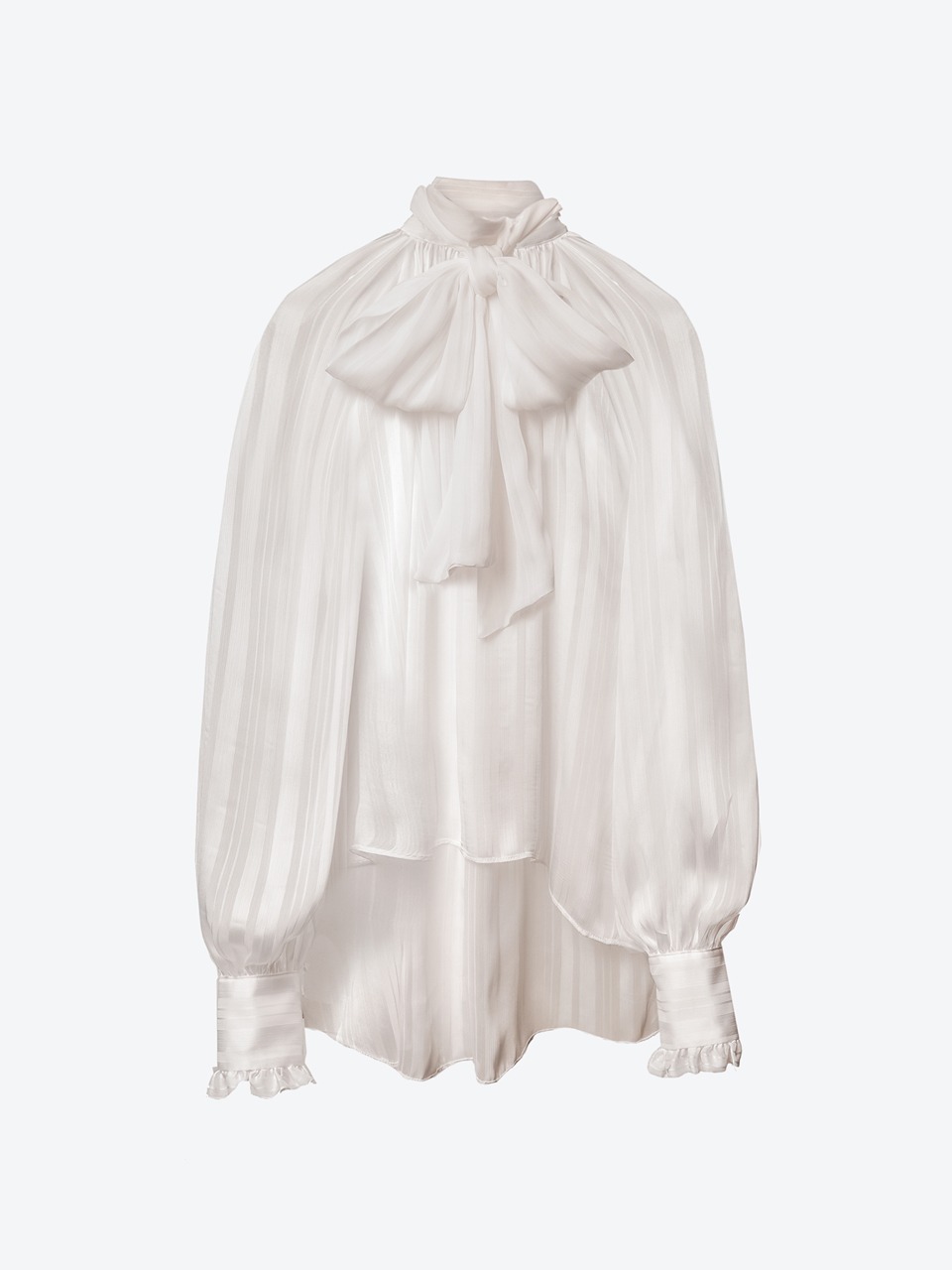 Pussy-Bow Striped Semi-Sheer Blouse (white)