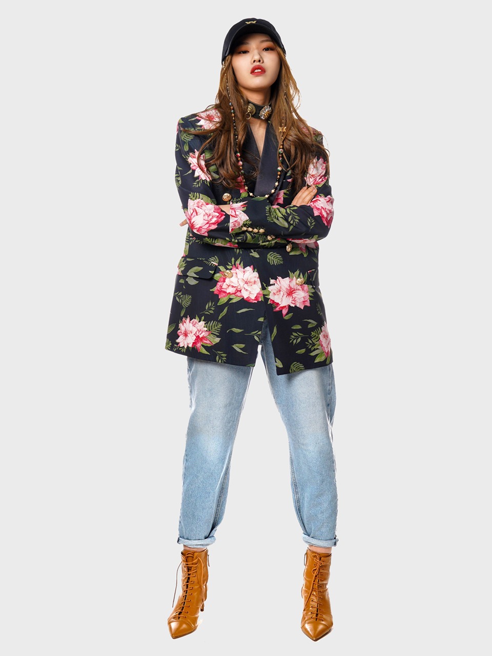 Flower Printed Double-Breasted Blazer (black)