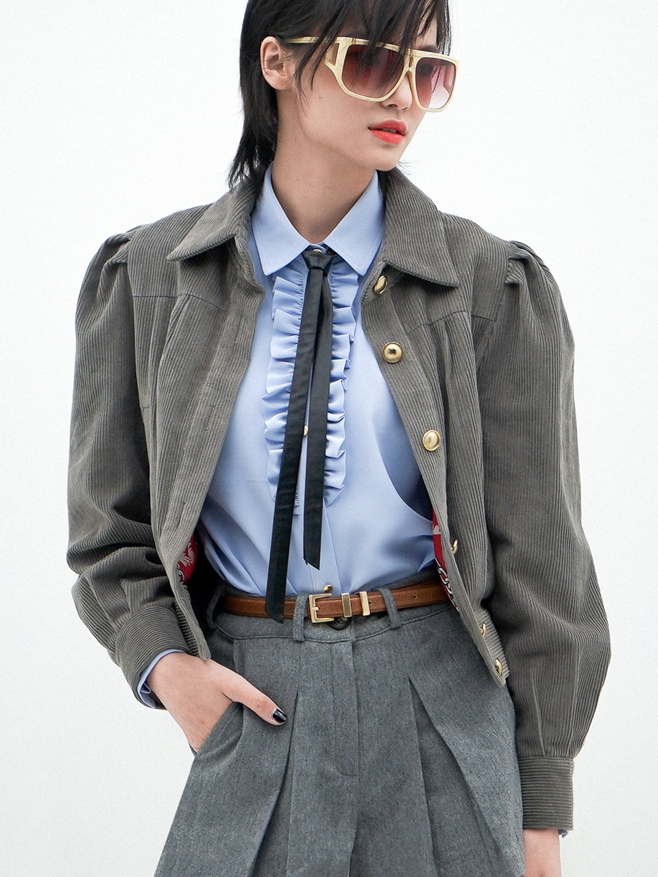 Cotton-Blend Corduroy Fluted Jacket (grey) for woman