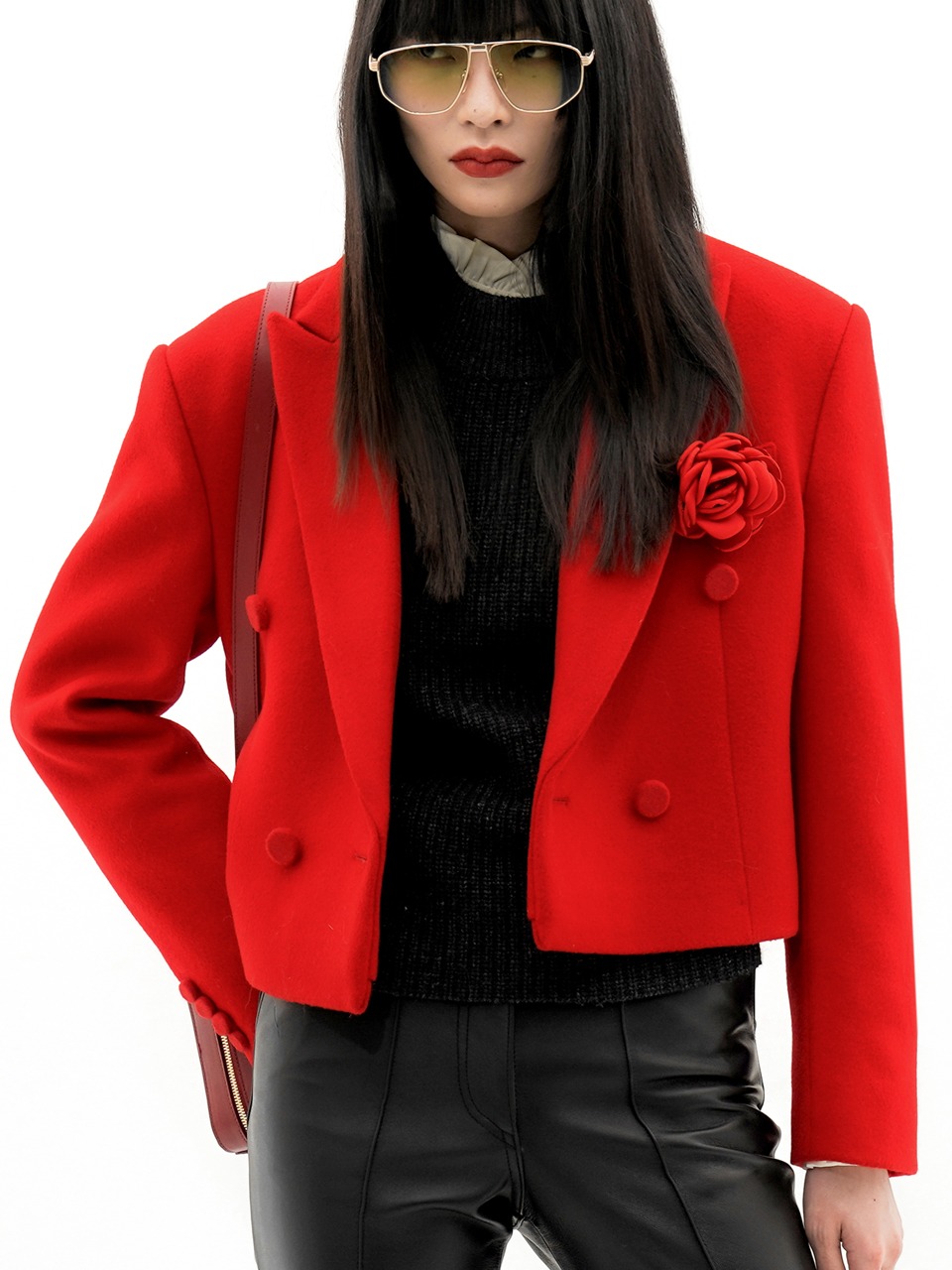 Cropped Double-Breasted Wool-Blend Jacket (red)