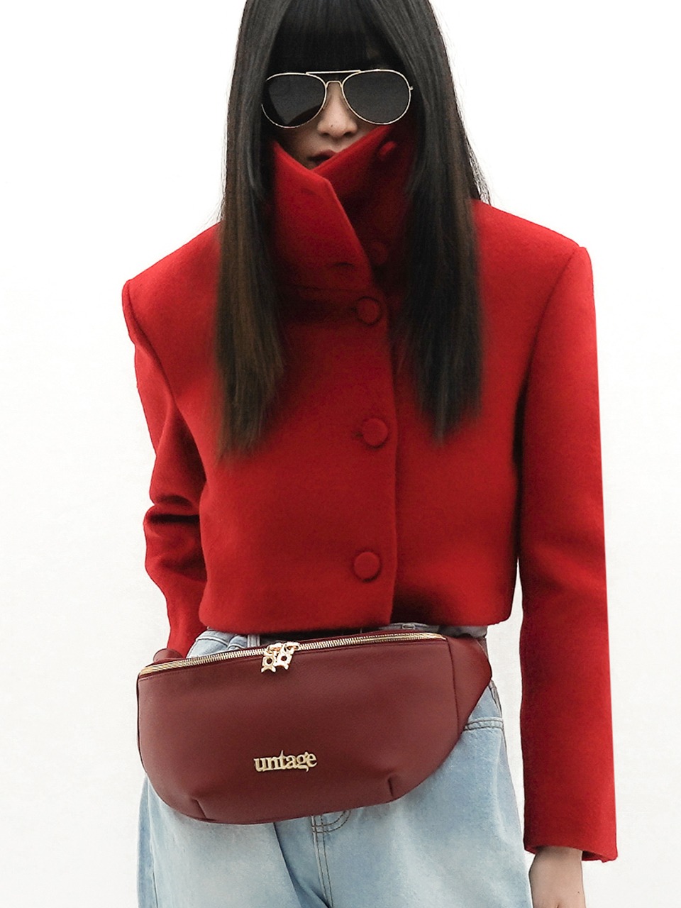 Funnel-Neck Cropped Wool-Blend Jacket (red)
