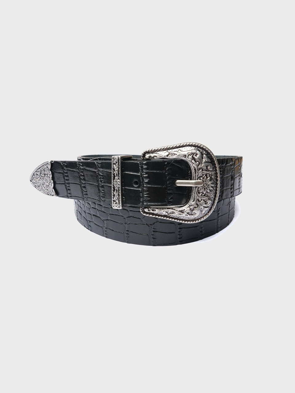 Engraved-Buckle Croc-Effect Leather Belt