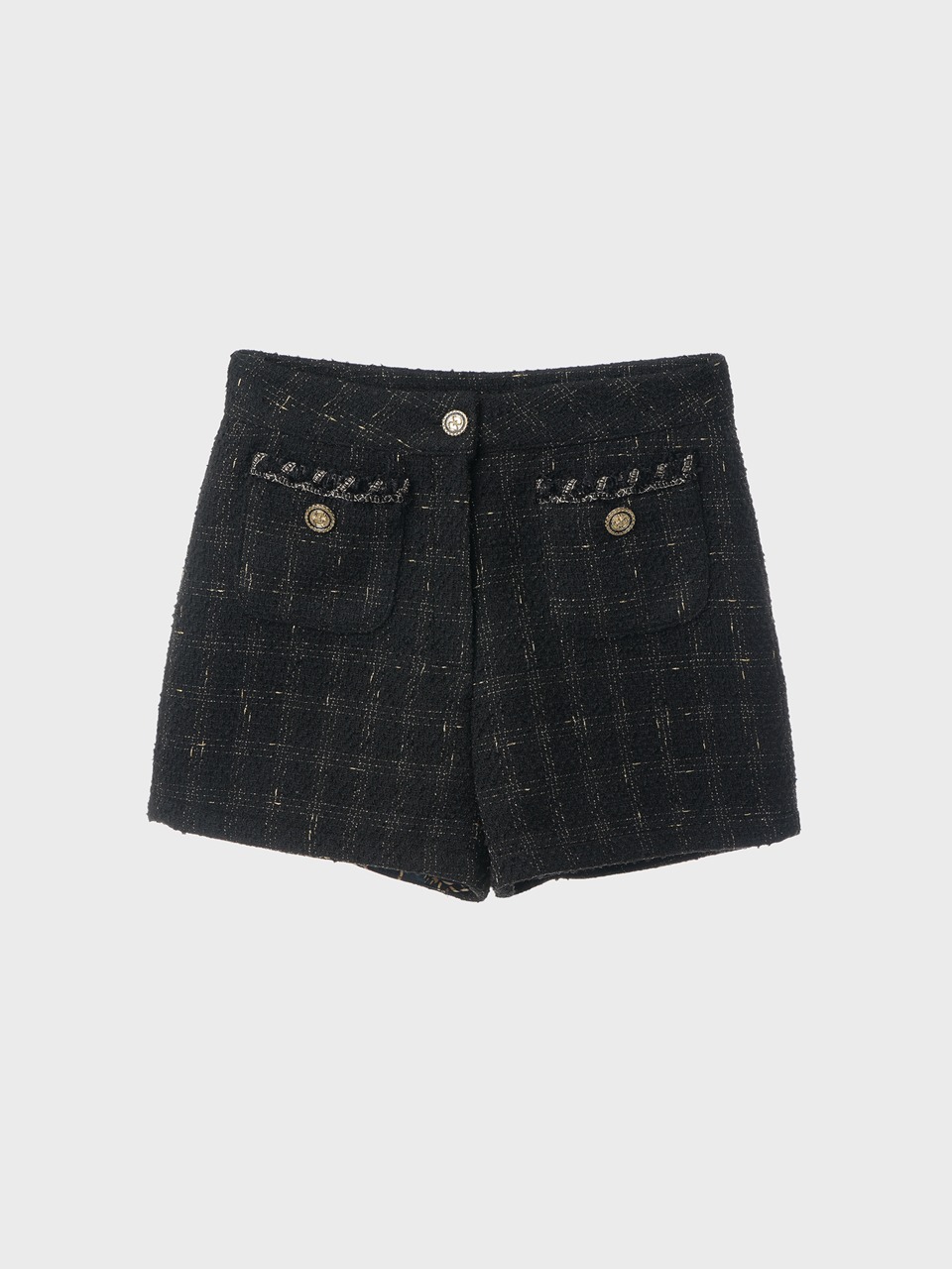 Metallic-Button Bouclé Tweed Shorts