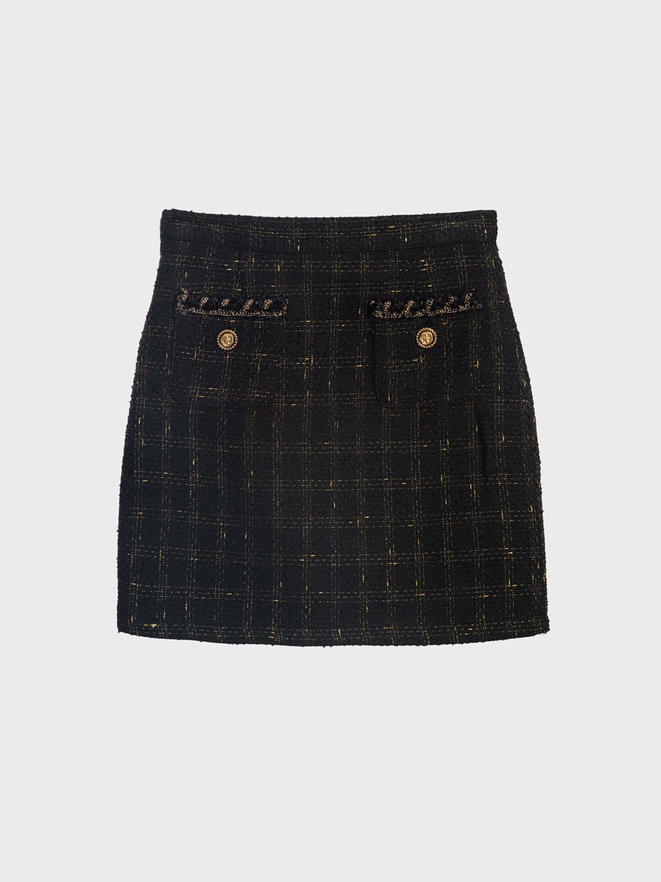 Metallic-Button Bouclé Tweed Mini Skirt