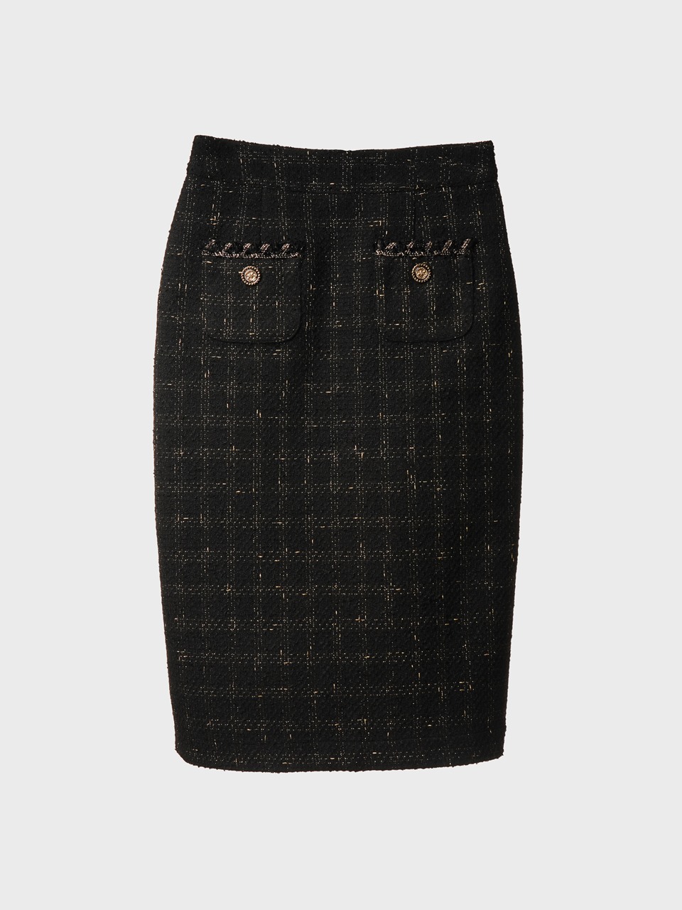 Metallic-Button Bouclé Tweed Pencil Skirt