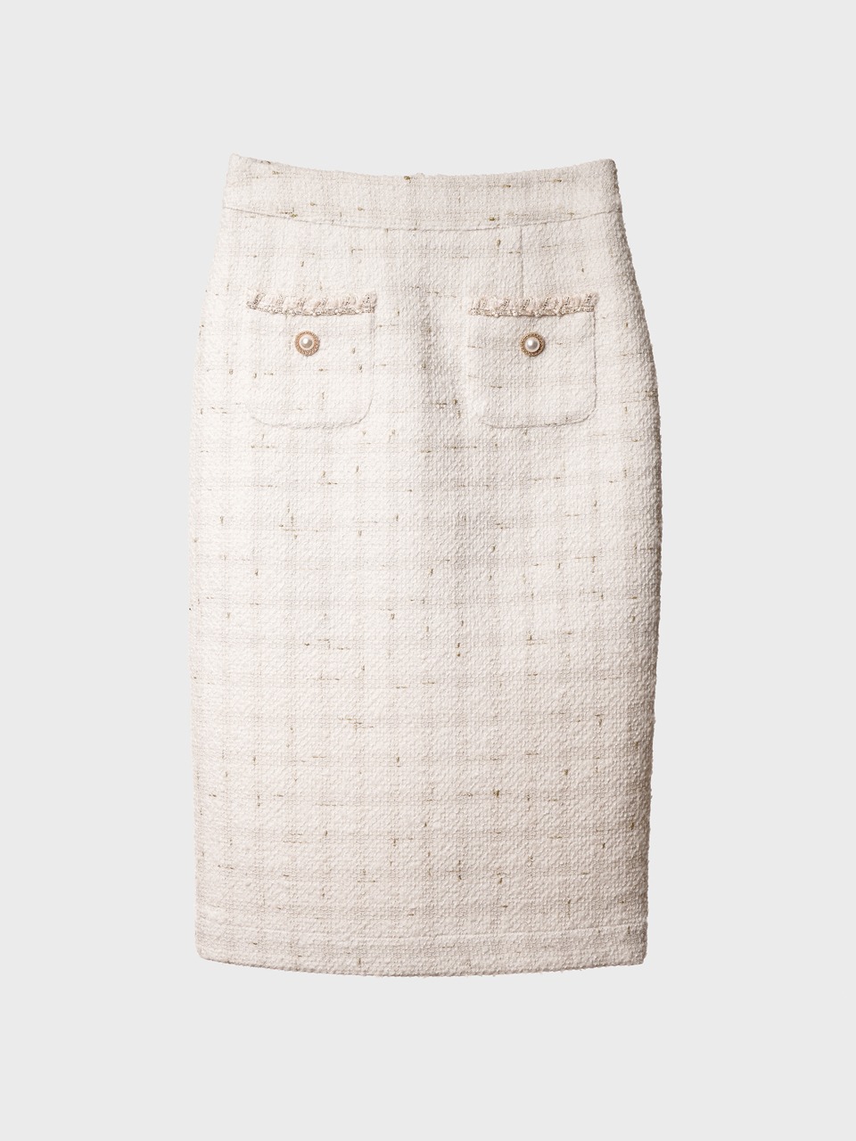 Pearl-Button Bouclé Tweed Pencil Skirt