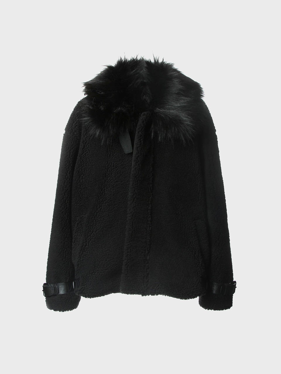 Spread-Collar Shearling Bomber Jacket (black)
