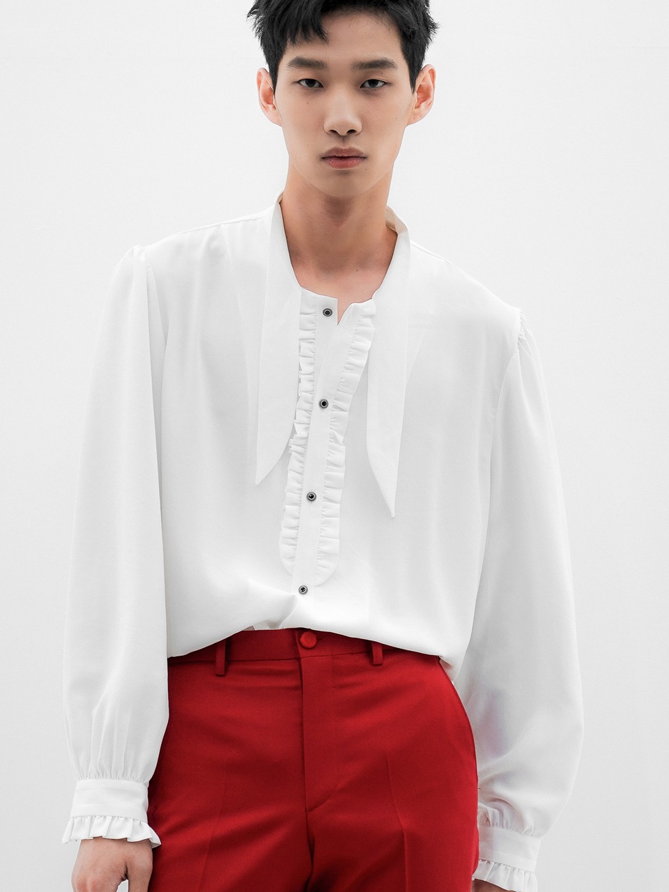 Bow-Tie Ruffled-Placket Blouse (white) for man