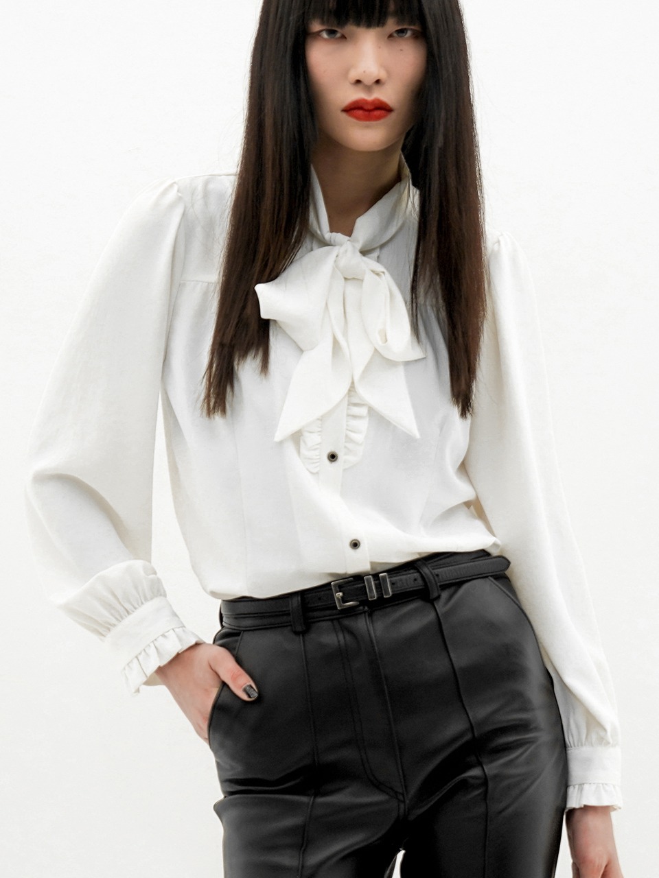 Pussy-Bow Ruffled-Placket Blouse (white) for woman