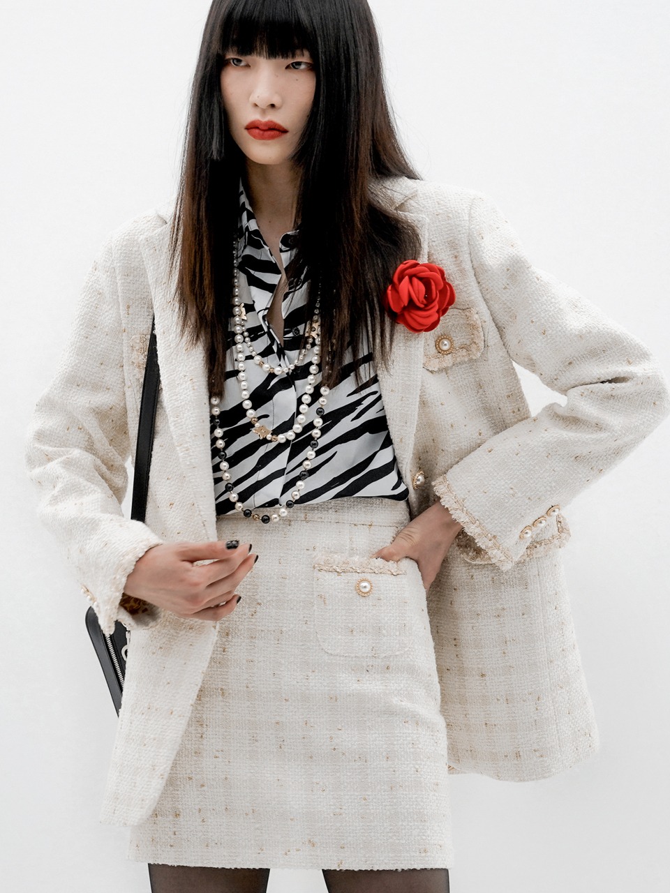 Single-Breasted Bouclé Tweed Blazer (white) for woman