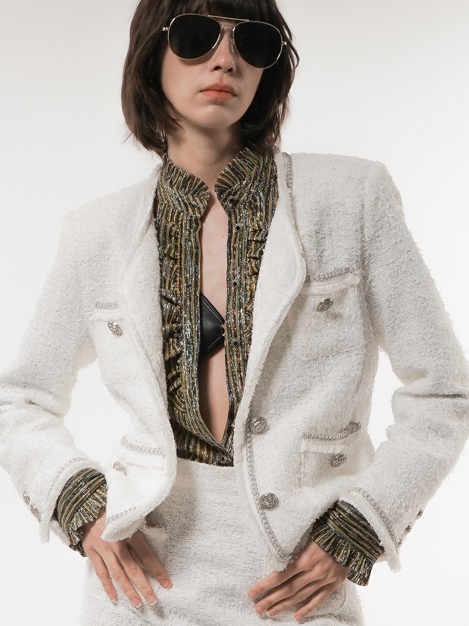 Chain Embellished-Tweed Jacket (white) for woman