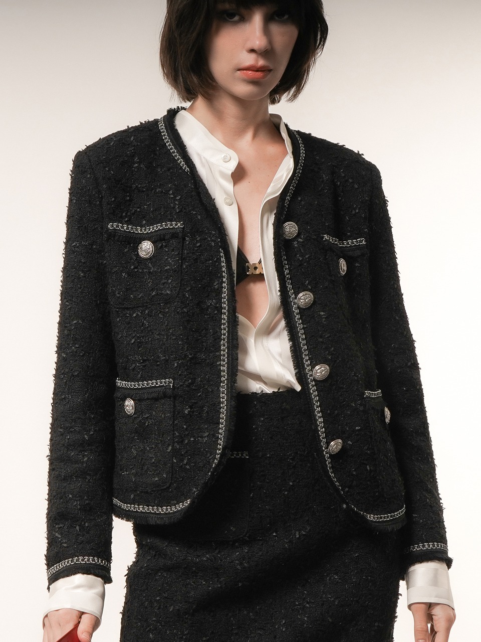 Chain Embellished-Tweed Jacket (black) for woman