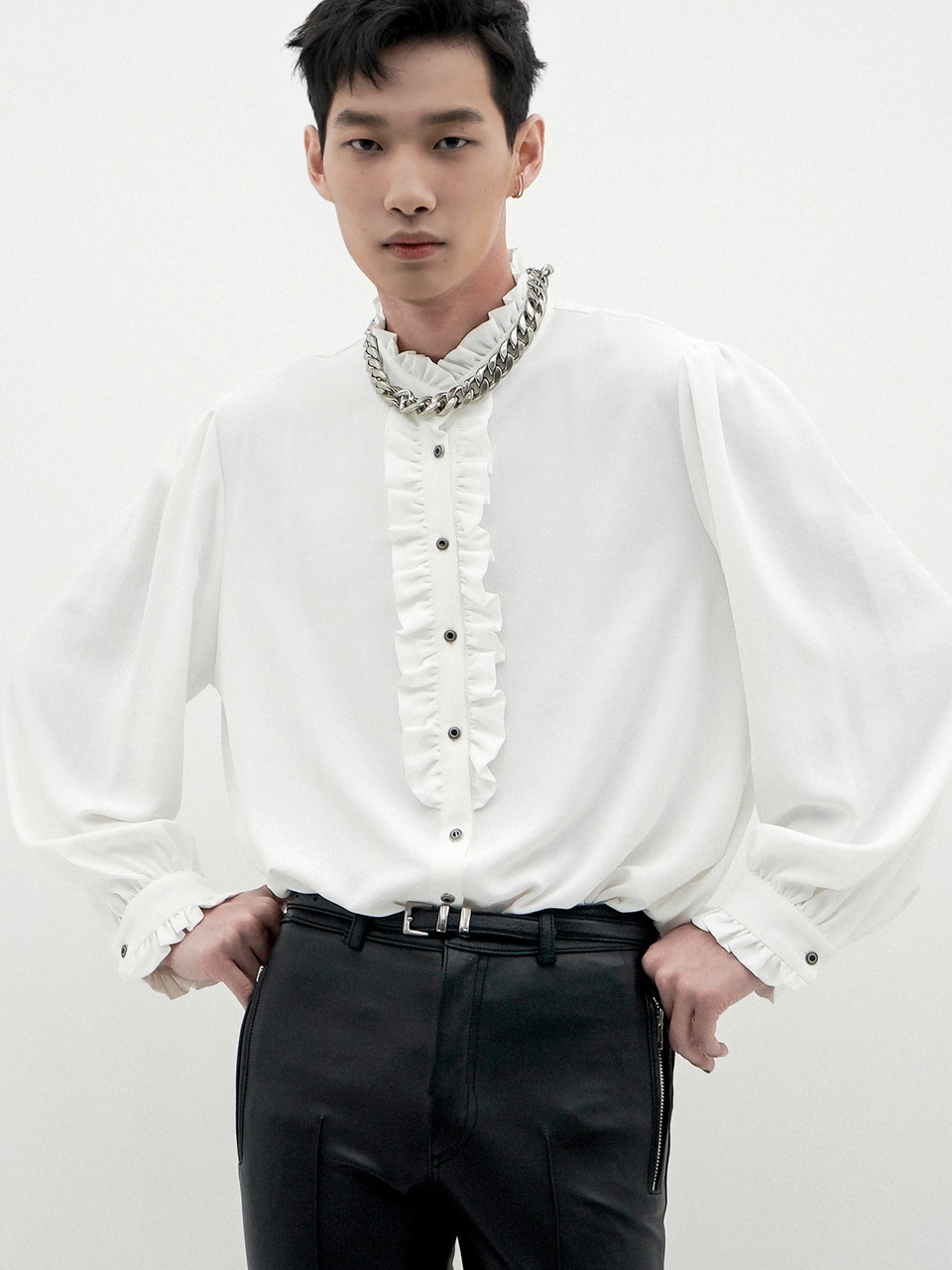 Victorian Ruffled-placket Blouse  (white) for man
