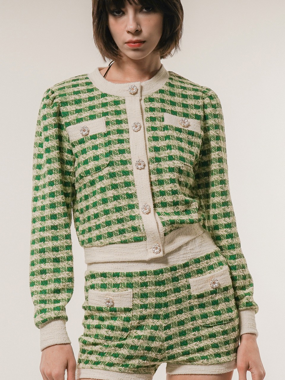 Gingham Bouclé Cropped Knit Cardigan (green)