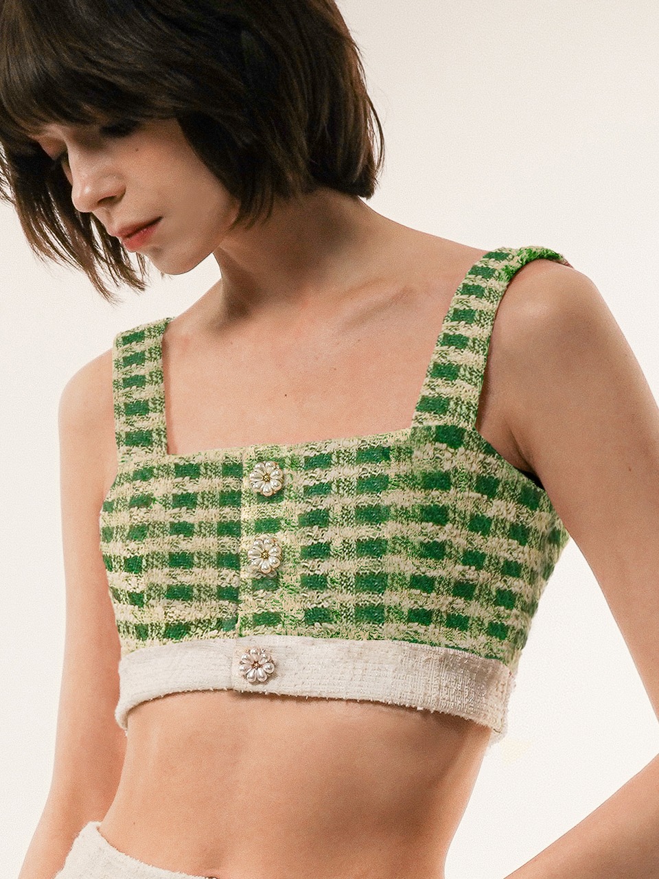 Gingham Bouclé Cropped Knit Top (green)