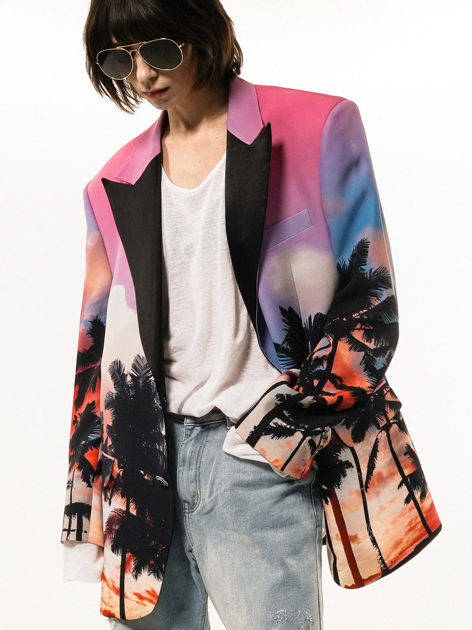 Single-Breasted Palmtree Printed Suit Jacket